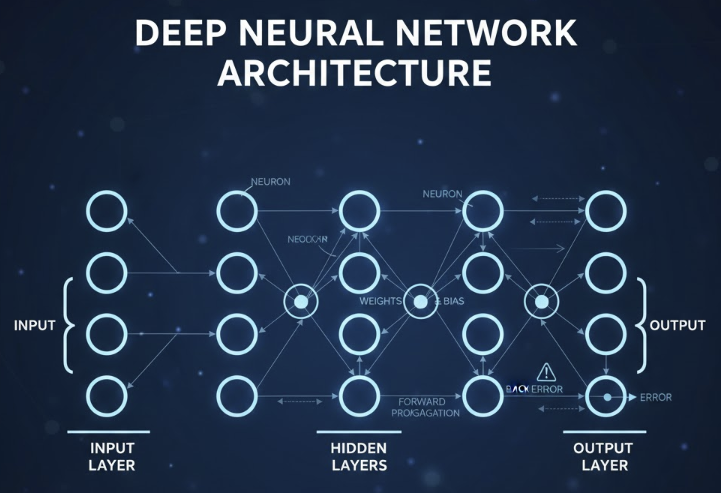 딥러닝 신경망의 핵심 구조(뉴런, 층)와 학습 방식(순전파 및 역전파)을 표시하여 시각화한 다이어그램