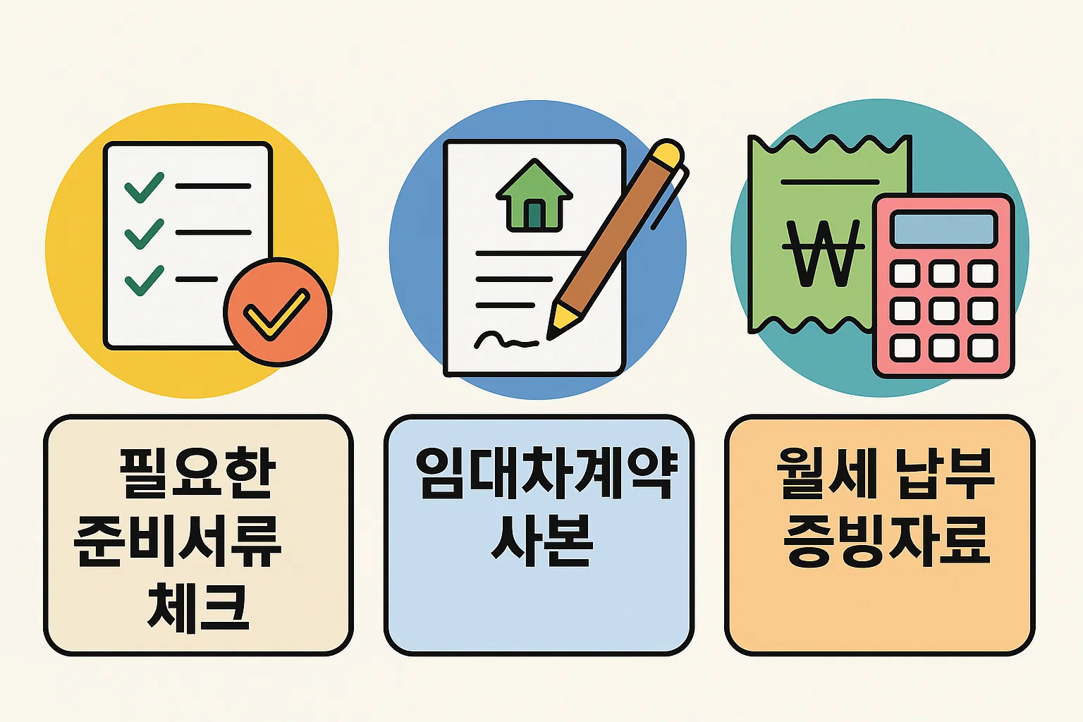 월세 환급 신청을 위해 필요한 임대차계약서 사본, 월세 납부 증빙, 필수 서류 체크리스트를 시각적으로 정리한 인포그래픽입니다.