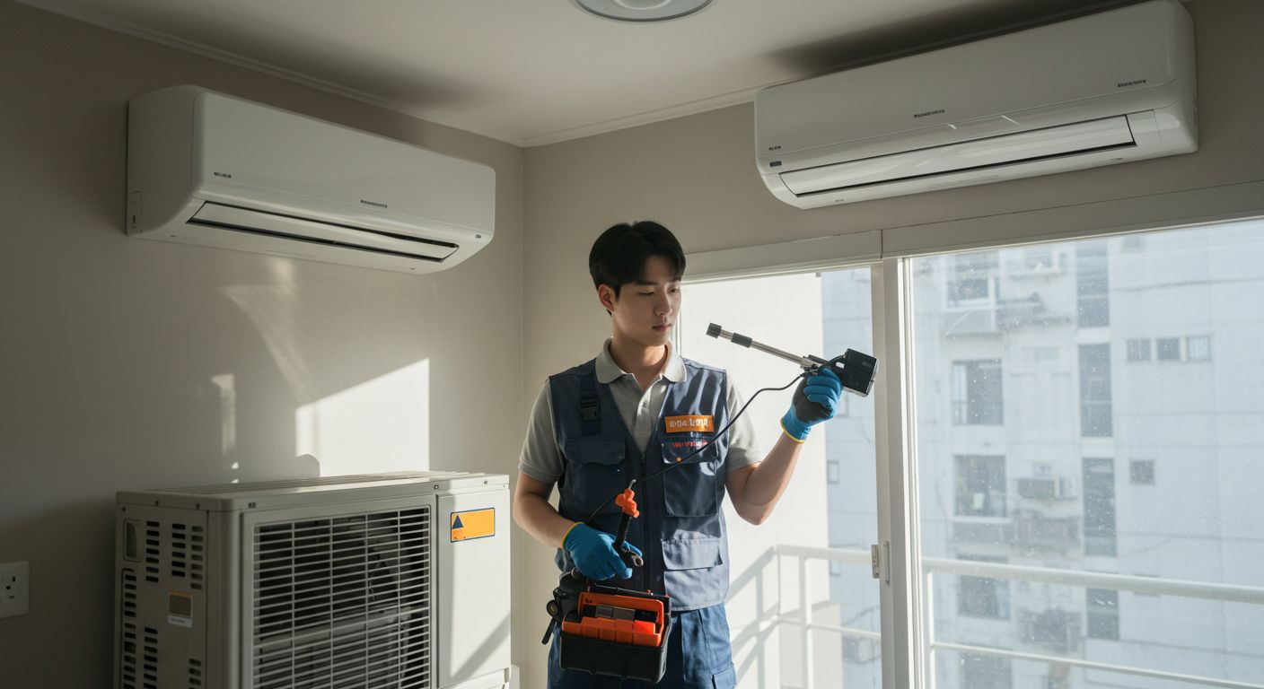 한국 아파트에서 에어컨 필터를 청소하는 한국인 남성 알바생의 모습