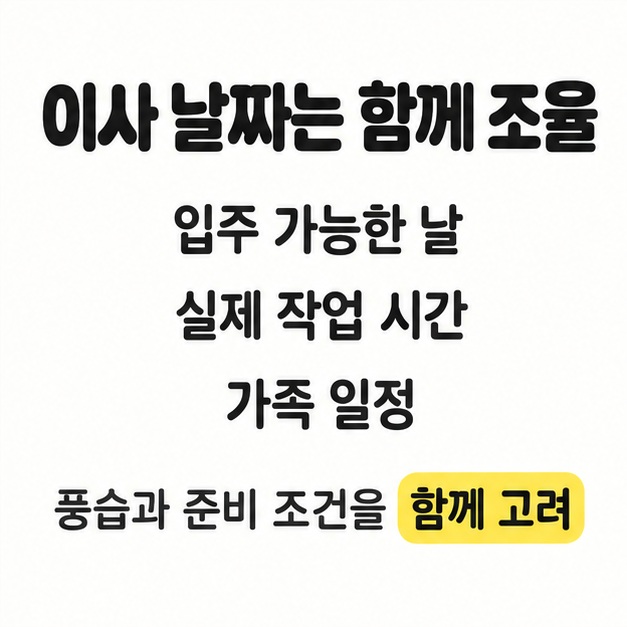 이사 날짜를 함께 조율하라는 제목 아래 입주 가능한 날과 실제 작업 시간, 가족 일정을 제시하고 풍습과 준비 조건을 함께 고려하도록 안내한 카드