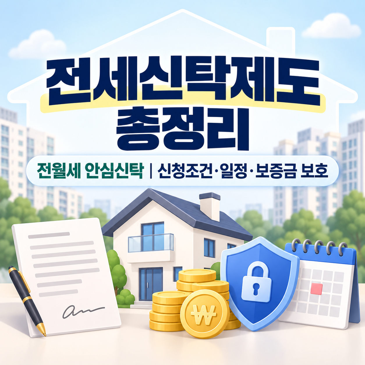 전세신탁제도와 전월세 안심신탁의 신청조건, 일정, 보증금 보호를 안내하는 정사각형 인포그래픽 썸네일 이미지