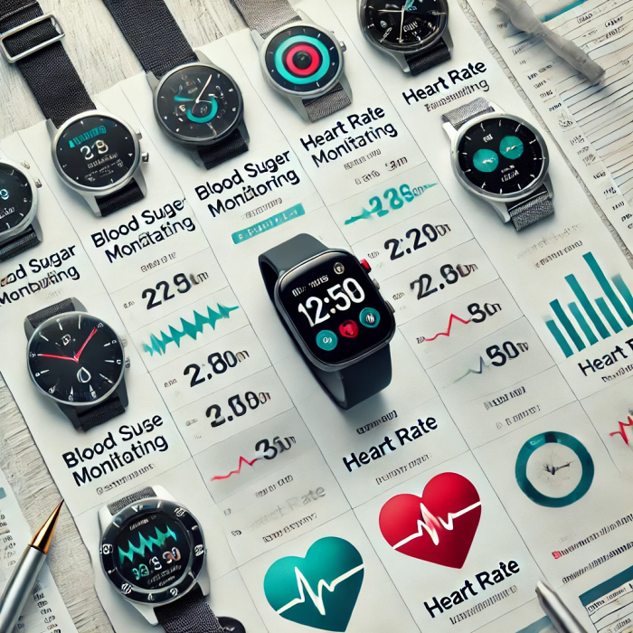 스마트워치의 주요 기능과 가격을 보여주는 비교 차트 이미지.