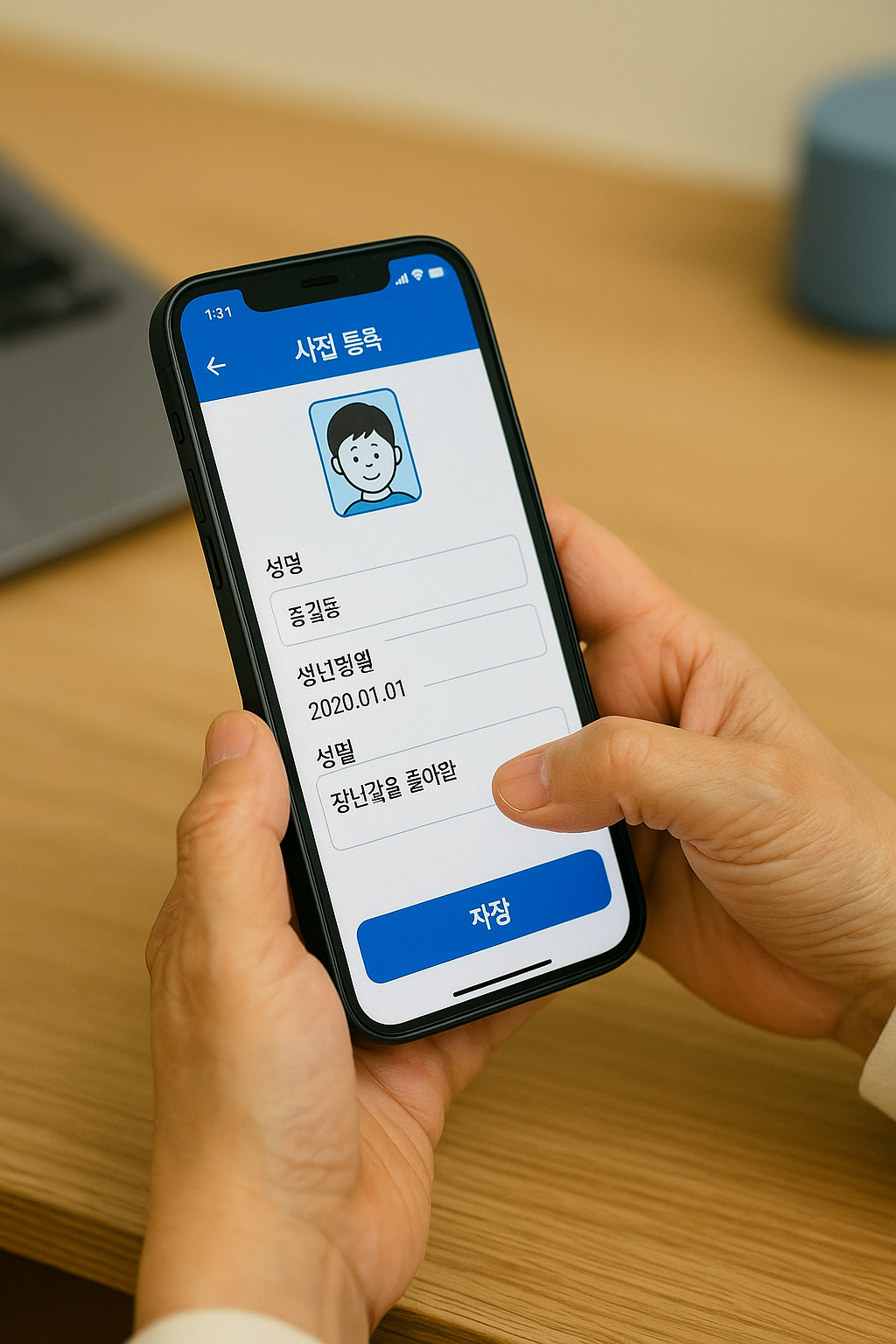 안전드림 앱에서 아동 사전지문등록 기본정보를 입력하는 장면