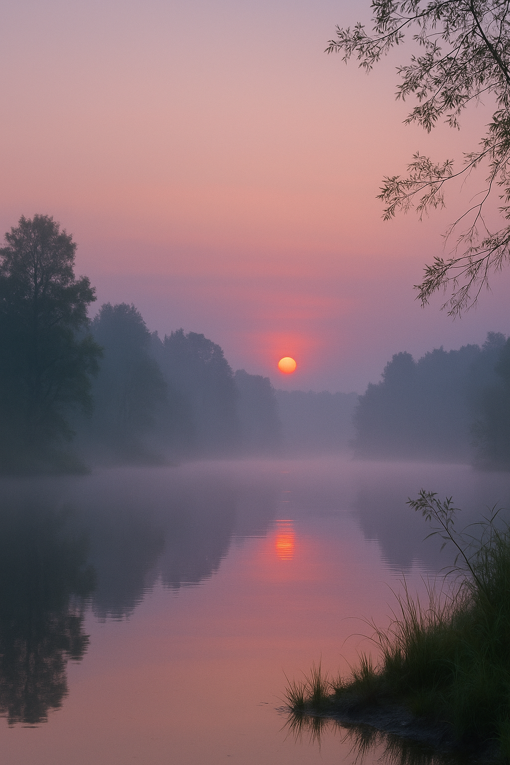 짙은 새벽 안개 속 들판과 외롭게 서 있는 나무가 보이는 고요한 풍경