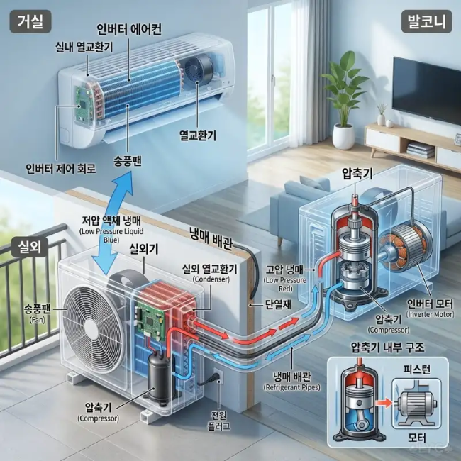 인버터 에어컨 압축기와 냉매 순환 구조