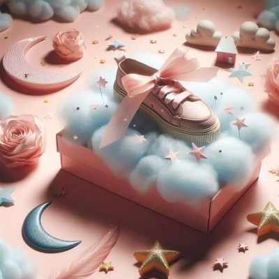 상자 위에 놓인 신발과 별, 구름, 꽃으로 장식된 꿈의 세계를 표현한 이미지입니다.