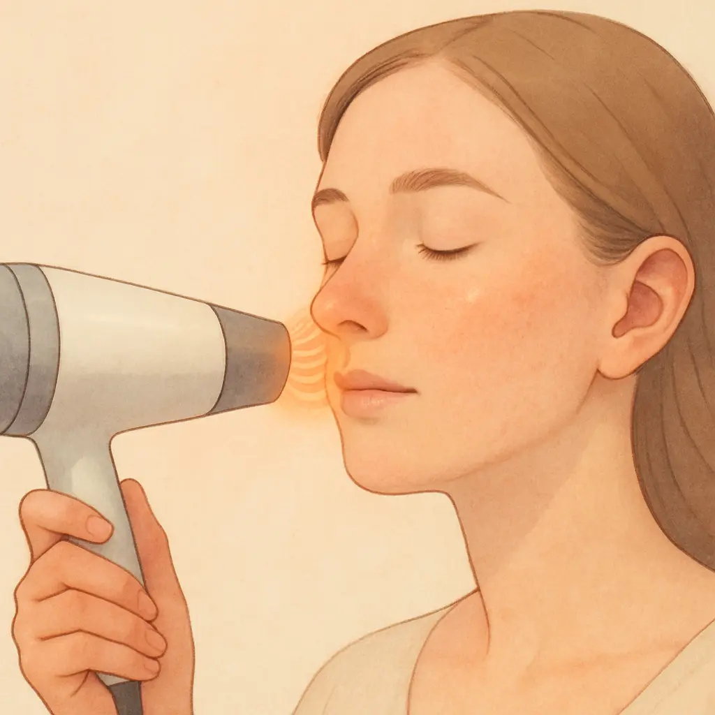 헤어-드라이기로-얼굴을-건조하는-일러스트-부드러운-피부-텍스처와-따뜻한-바람-표현