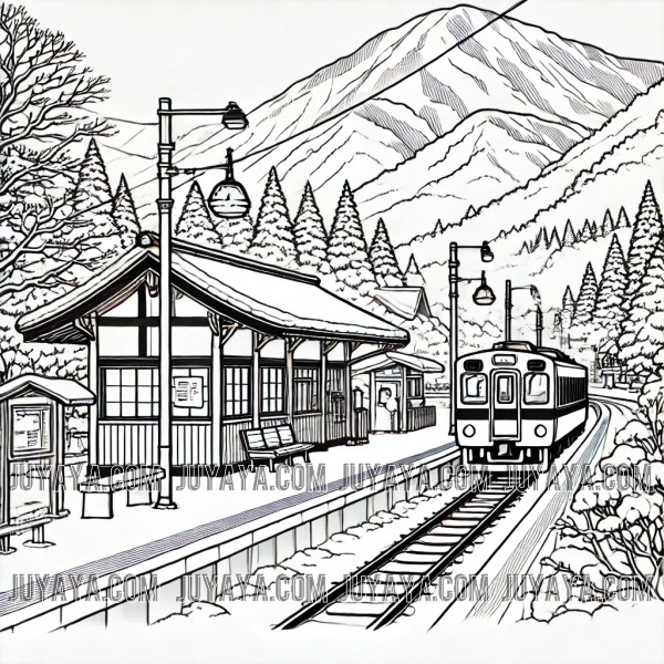 겨울철 니가타 에치고유자와역의 전경, 눈 덮인 나무와 전통적인 일본 기차역 풍경