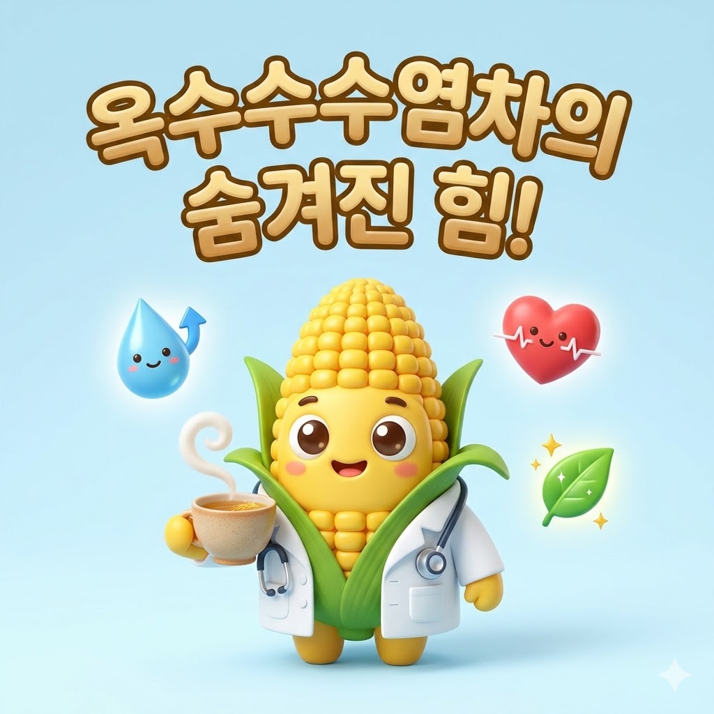 밝게 웃는 귀여운 옥수수 캐릭터가 옥수수수염차를 들고 있는 3D 카툰 일러스트. '옥수수수염차의 숨겨진 힘!'이라는 한글 텍스트가 있으며, 건강 효능을 상징하는 물방울과 하트 아이콘이 함께 보인다.