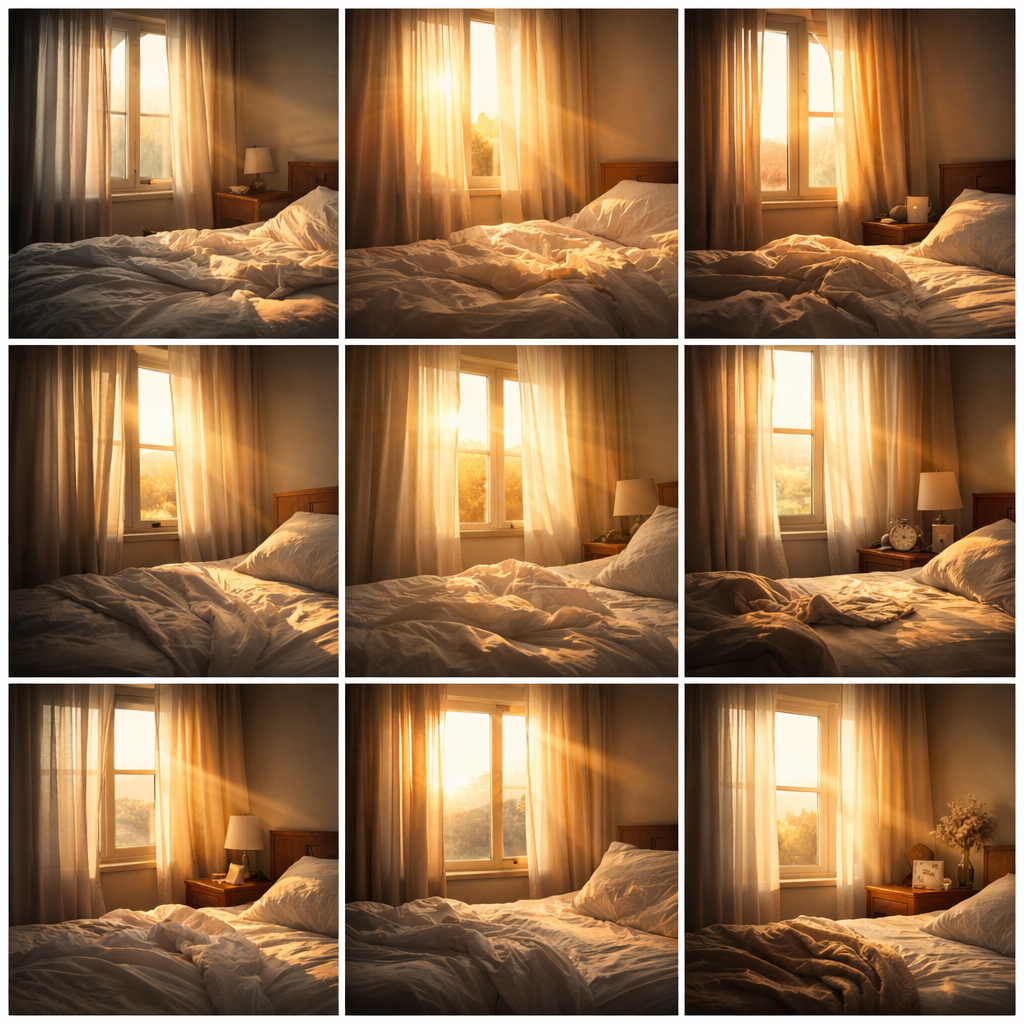 아침 햇빛이 들어오는 조용한 방과 차분한 일상의 분위기