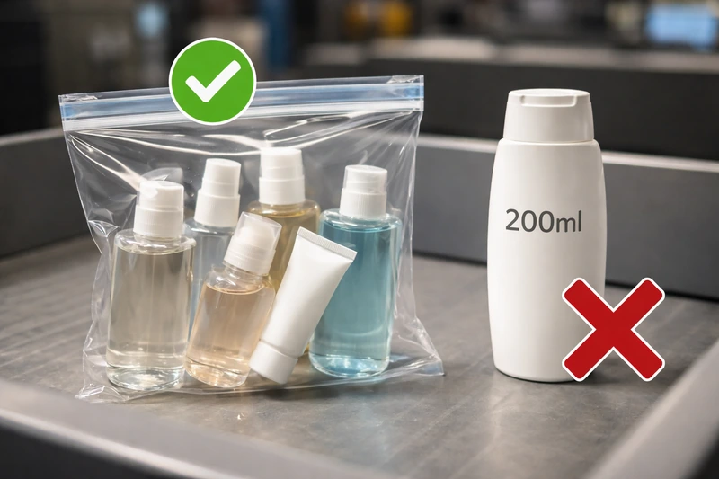 공항 보안검색 트레이 위에 100ml 이하 여행용 액체 용기들이 투명 지퍼백 안에 들어 있고, 옆에는 200ml 용기가 별도로 놓여 있어 액체류 반입 규정을 비교해서 보여주는 클로즈업 이미지