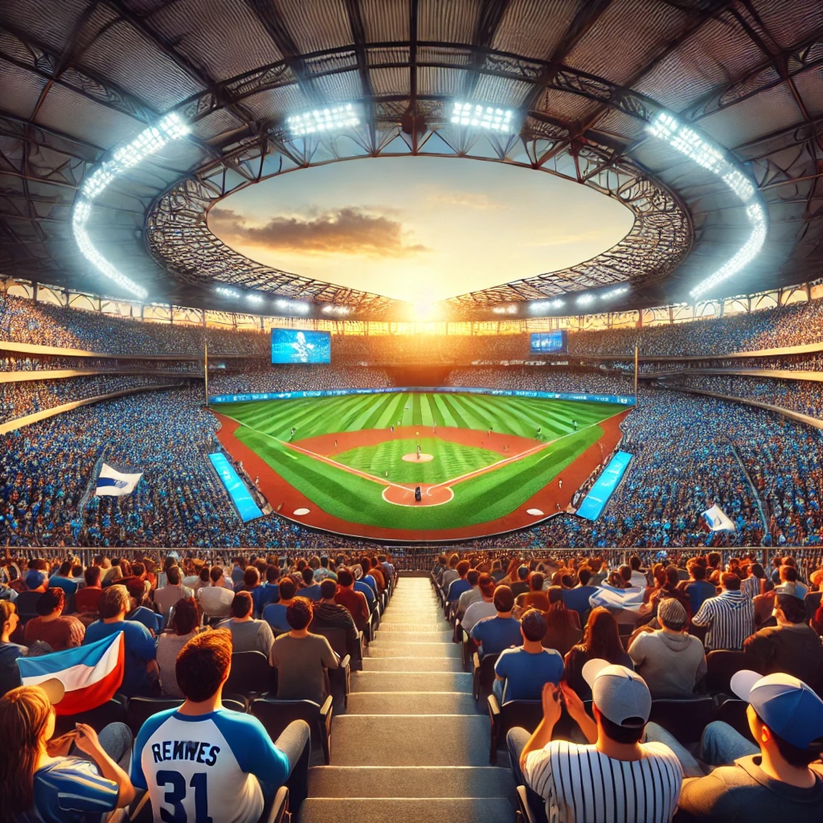 붐비는 관중석, 환호하는 사람들, 저녁 노을의 조명