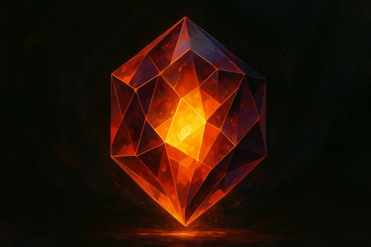 어둠 속에 떠오른 빛나는 붉은 수정