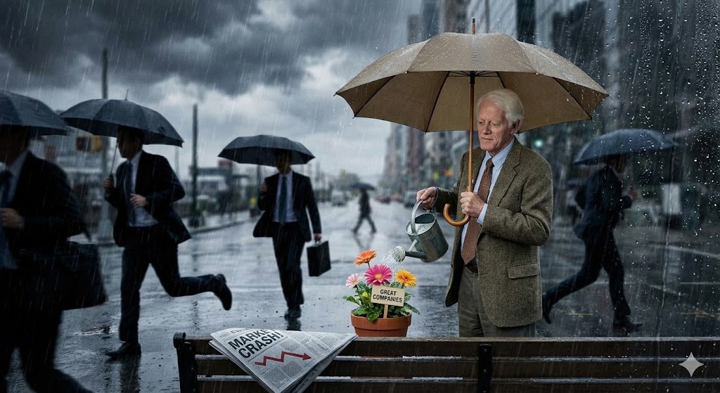 폭락하는 주식 차트(비) 속에서 피터 린치가 우산을 쓰고 튼튼한 꽃(우량주)에 물을 주는 일러스트