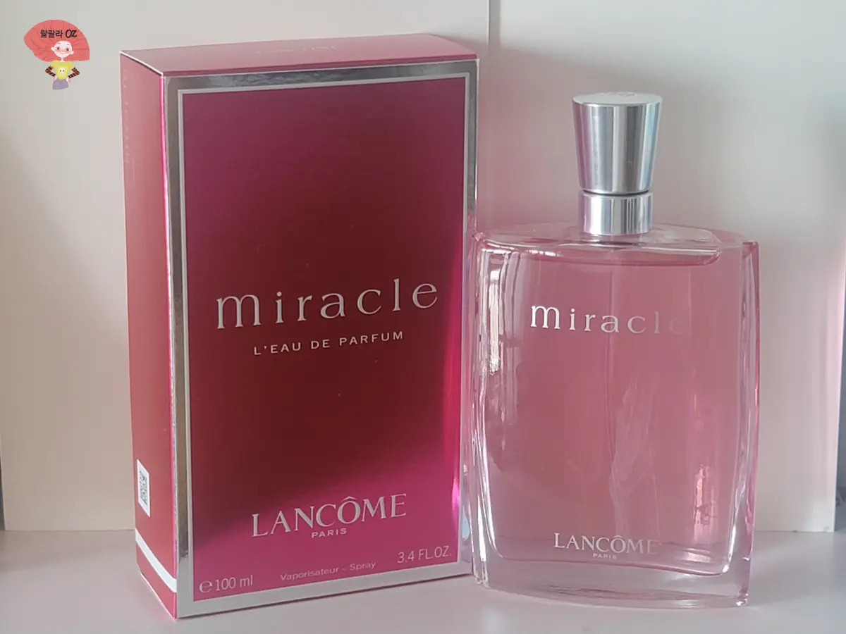 랑콤-미라클-향수-100ml-제품과-핑크색-박스-정면-촬영