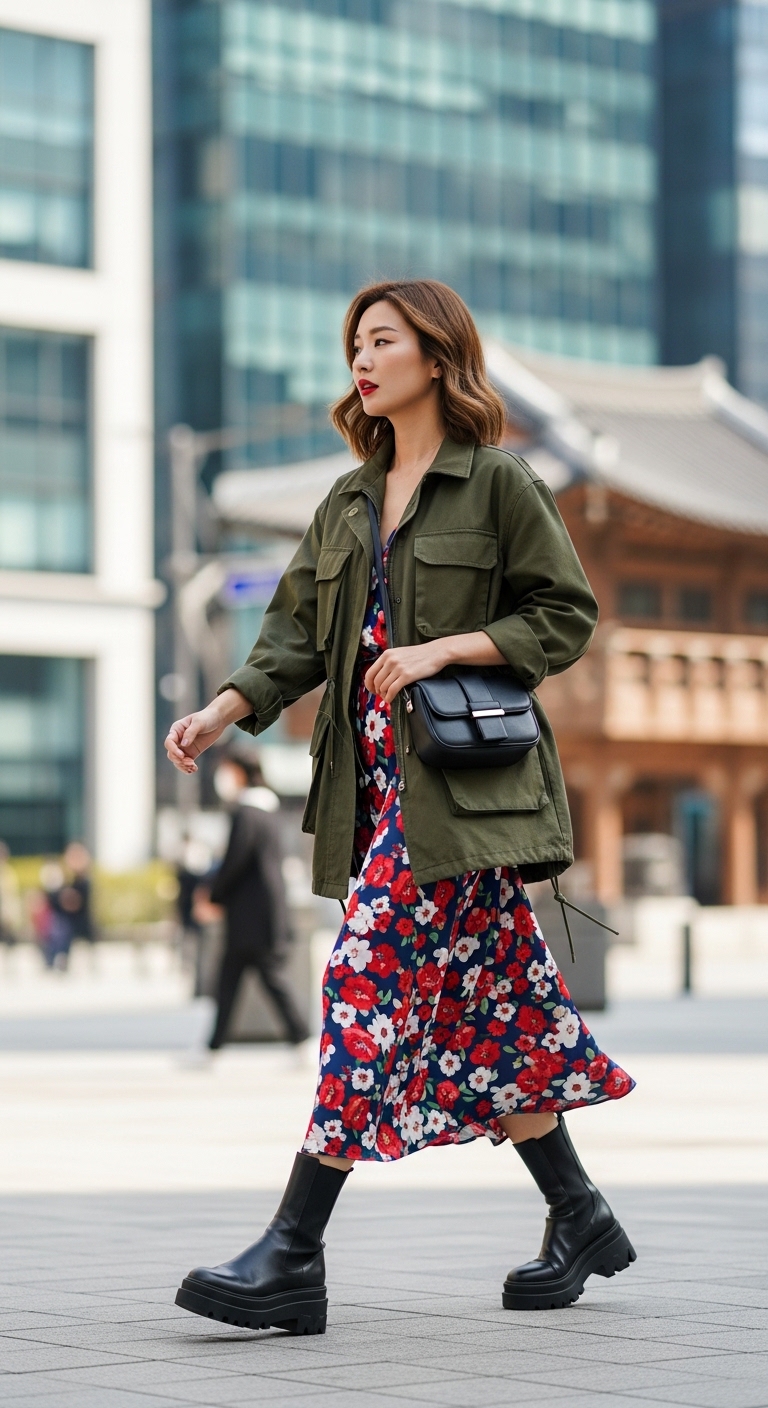 페미닌한 원피스 위에 카키색 유틸리티 재킷을 믹스매치한 감각적인 코디