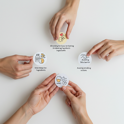 민감 피부 스킨케어 5가지 핵심 원칙을 상징하는 아이콘을 받든 다섯 손 이미지