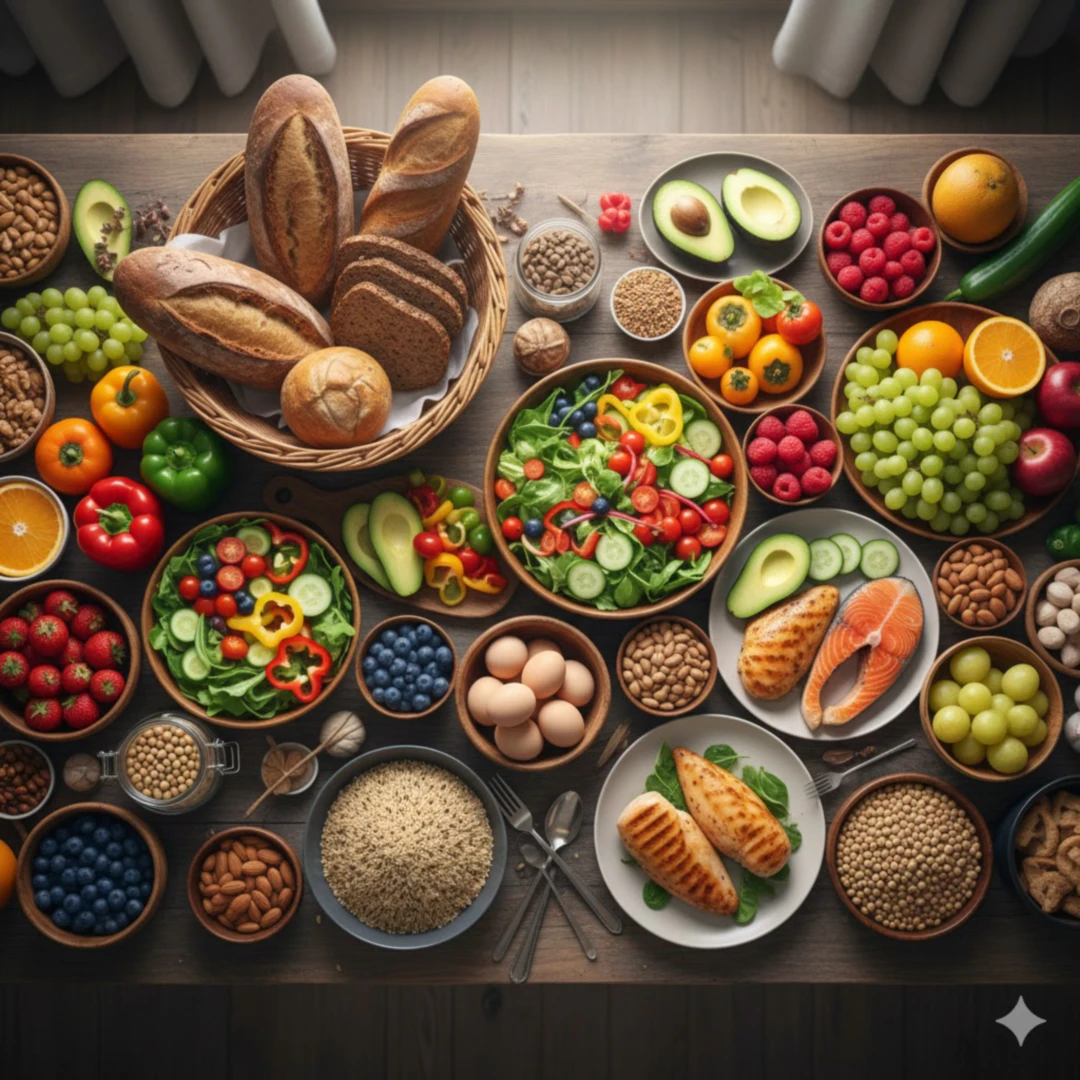 신선한 채소&amp;#44; 과일&amp;#44; 견과류&amp;#44; 곡물&amp;#44; 그리고 알부민이 풍부한 식품들로 구성된 다채롭고 균형 잡힌 식탁을 위에서 내려다보는 구도의 이미지입니다. 먹음직스럽고 건강한 느낌을 줍니다. 