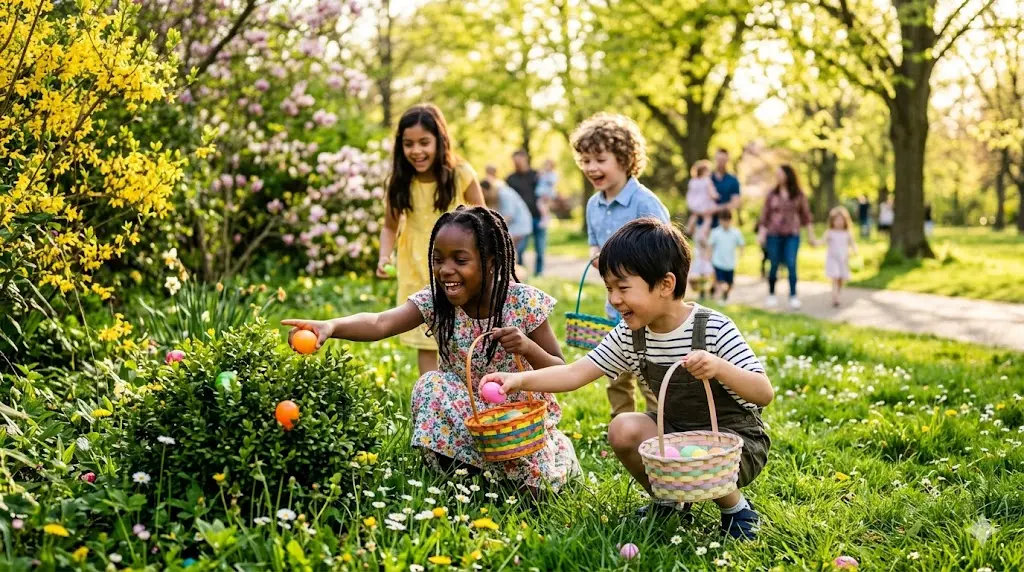 화창한 봄 잔디밭에서 아이들이 바구니를 들고 덤불 사이에 숨겨진 알록달록한 플라스틱 부활절 달걀을 찾는 에그 헌트 행사