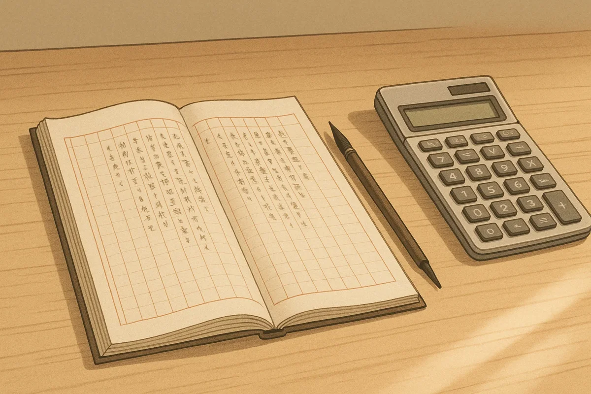 전통적인 일본 장부와 현대적 계산기가 조화롭게 배치된 미니멀한 책상 풍경