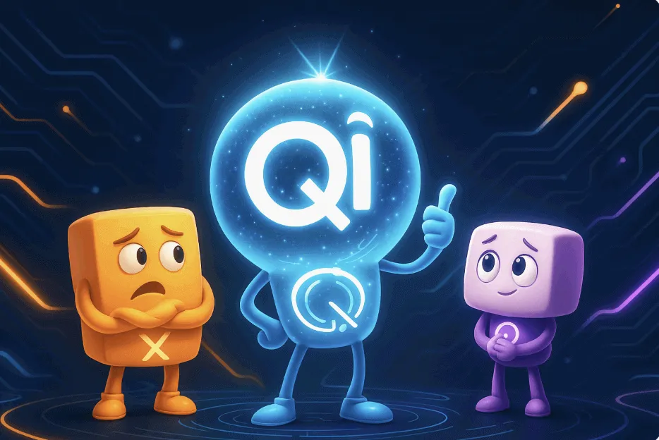 세 포토닉 양자컴퓨터 기업을 상징하는 귀여운 픽사풍 캐릭터들. 중앙의 QCi 캐릭터는 가장 밝고 커다란 빛을 내며 엄지를 들어 "내가 최고!"라는 자신감 넘치는 표정을 짓고 있고, 왼쪽의 Xanadu 캐릭터는 불안한 눈빛으로 QCi를 바라보고 있으며, 오른쪽 PsiQuantum 캐릭터는 부러운 듯한 눈빛으로 QCi를 응시하고 있다. 전체 배경은 회로 패턴과 빛의 흐름이 강조된 미래지향적 분위기. (Pixar-style mascots of QCi, Xanadu, PsiQuantum in a glowing quantum tech scene)