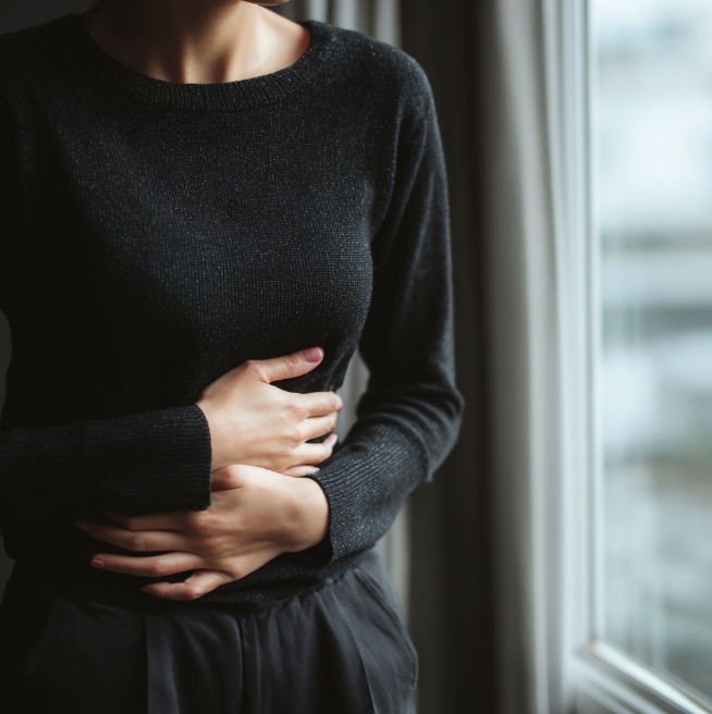 배가쓰려 배를 잡은 여성