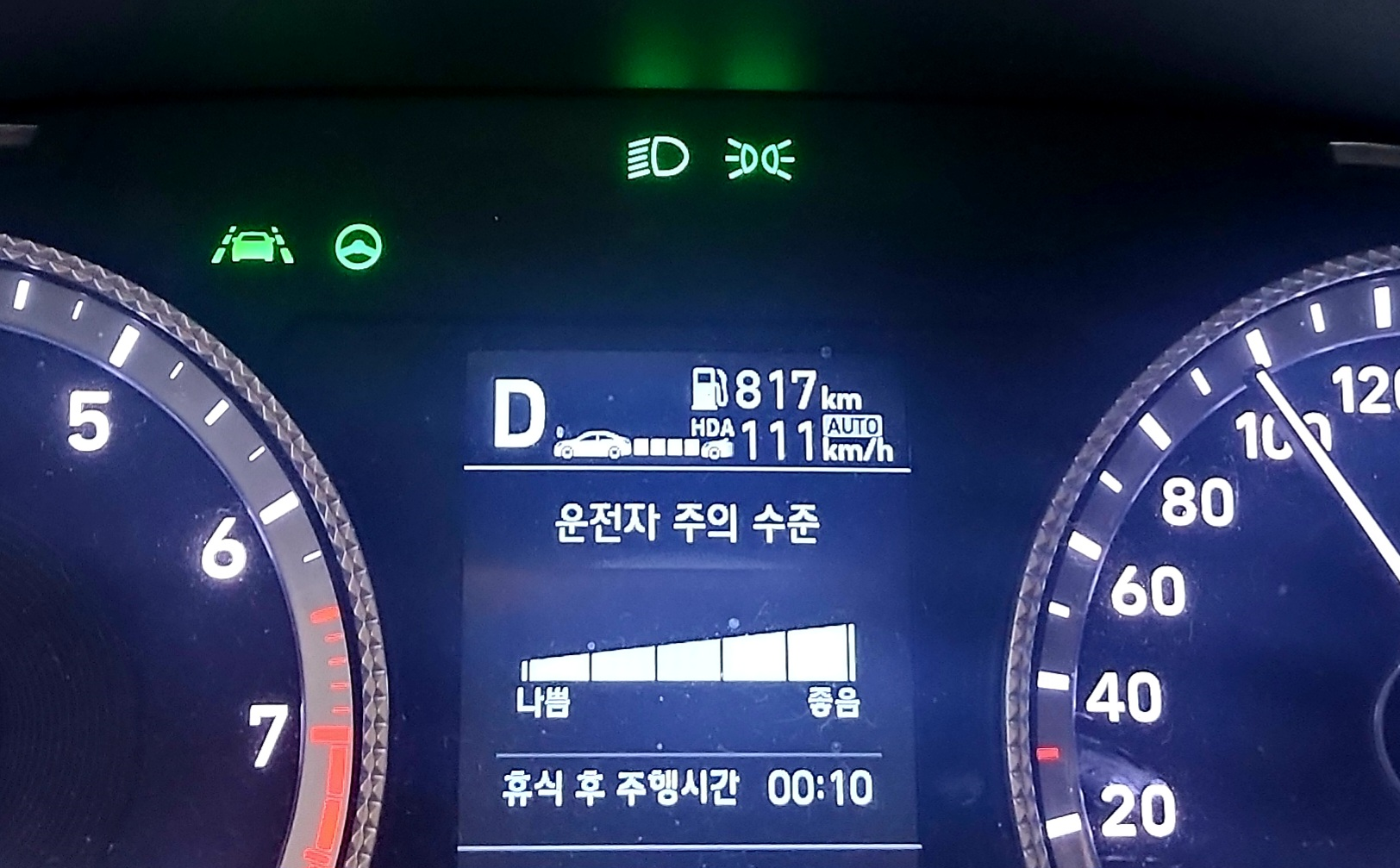 휴게소 주유소에 들러 기름을 가득 넣었다.
계기판에는 817이라고 주유량이 적혔다
리터당 1,599원.
주유 후 계기판에 표시된 &lsquo;운전자 주의 수준&rsquo;을 보고 잠시 웃음이 났다.