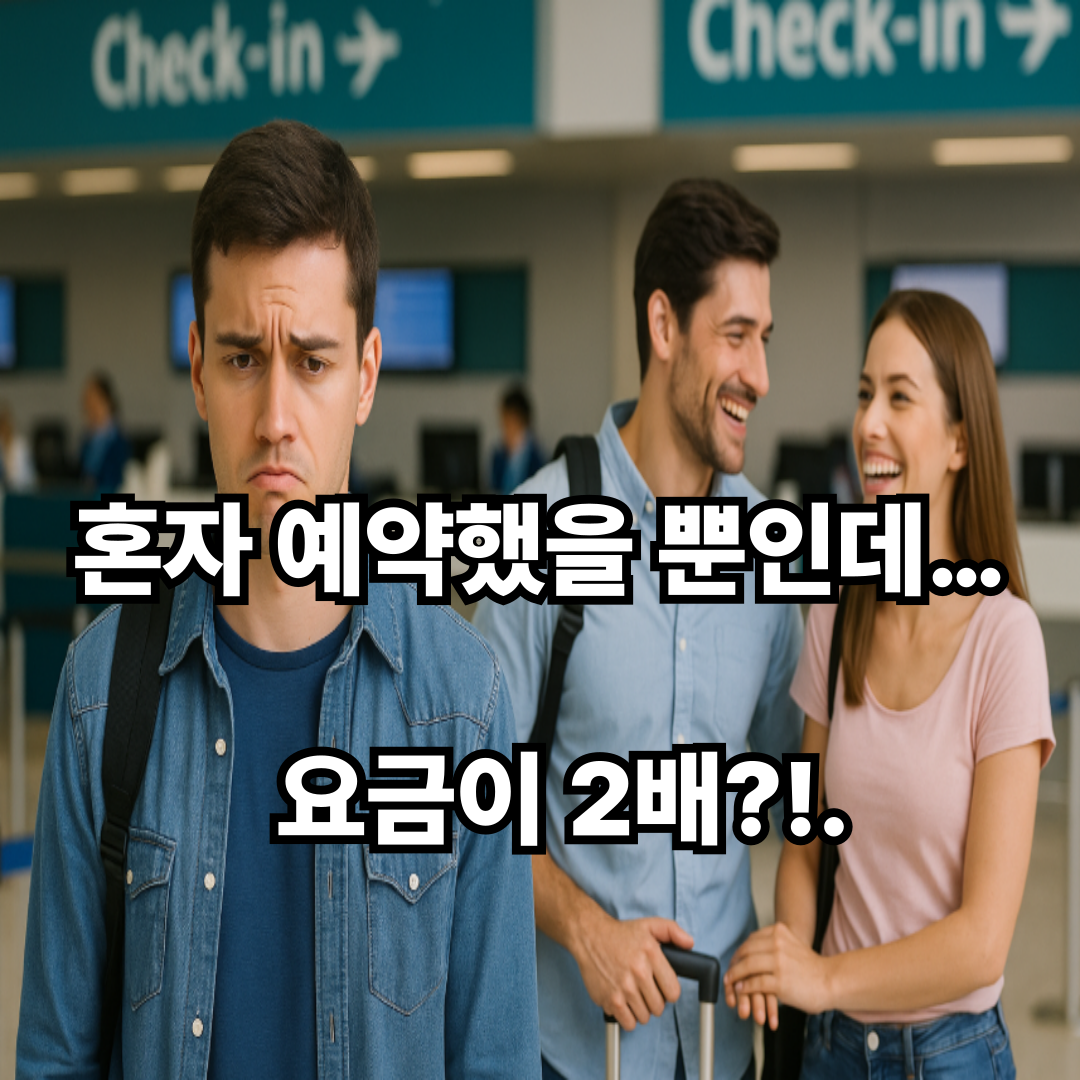 공항 체크인 카운터 앞, 혼자 여행 온 남성은 굳은 표정으로 서 있고, 옆에는 웃으며 대화하는 커플이 대비되어 서 있는 이미지