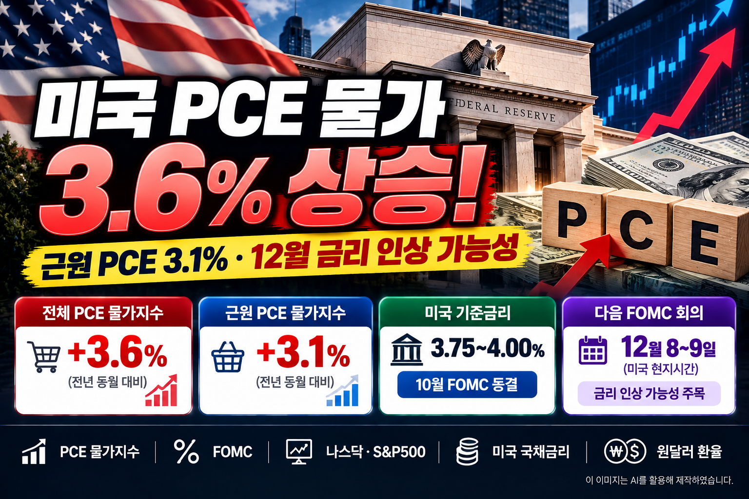 2026년 9월 미국 PCE 물가지수 3.6% 상승과 근원 PCE 3.1% 발표, 미국 기준금리 3.75~4.00% 및 12월 FOMC 금리 인상 가능성을 나타낸 경제 분석 이미지