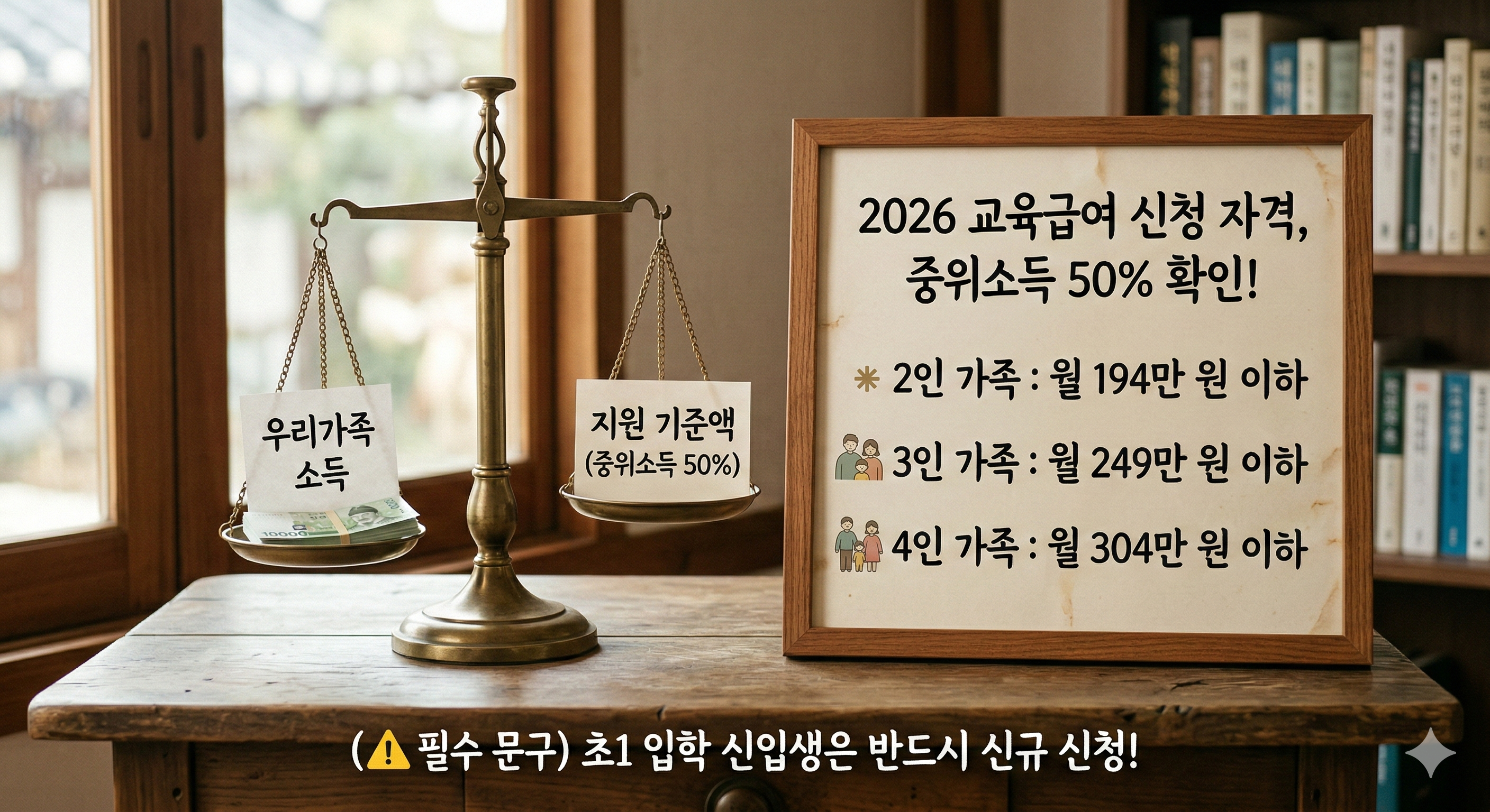 가구원 수(2인, 3인, 4인)에 따른 2026 교육급여 신청 자격 중위소득 50퍼센트 월 소득 기준액 안내
