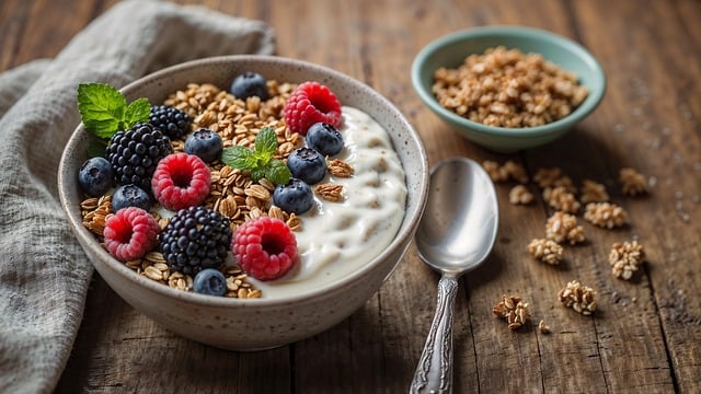 신선한 블루베리, 라즈베리, 견과류가 듬뿍 올라간 요거트 볼 이미지. 운동선수의 퍼포먼스 향상과 빠른 회복을 위한 슈퍼푸드 및 정밀 식단 관리를 상징하는 건강한 음식 사진.
