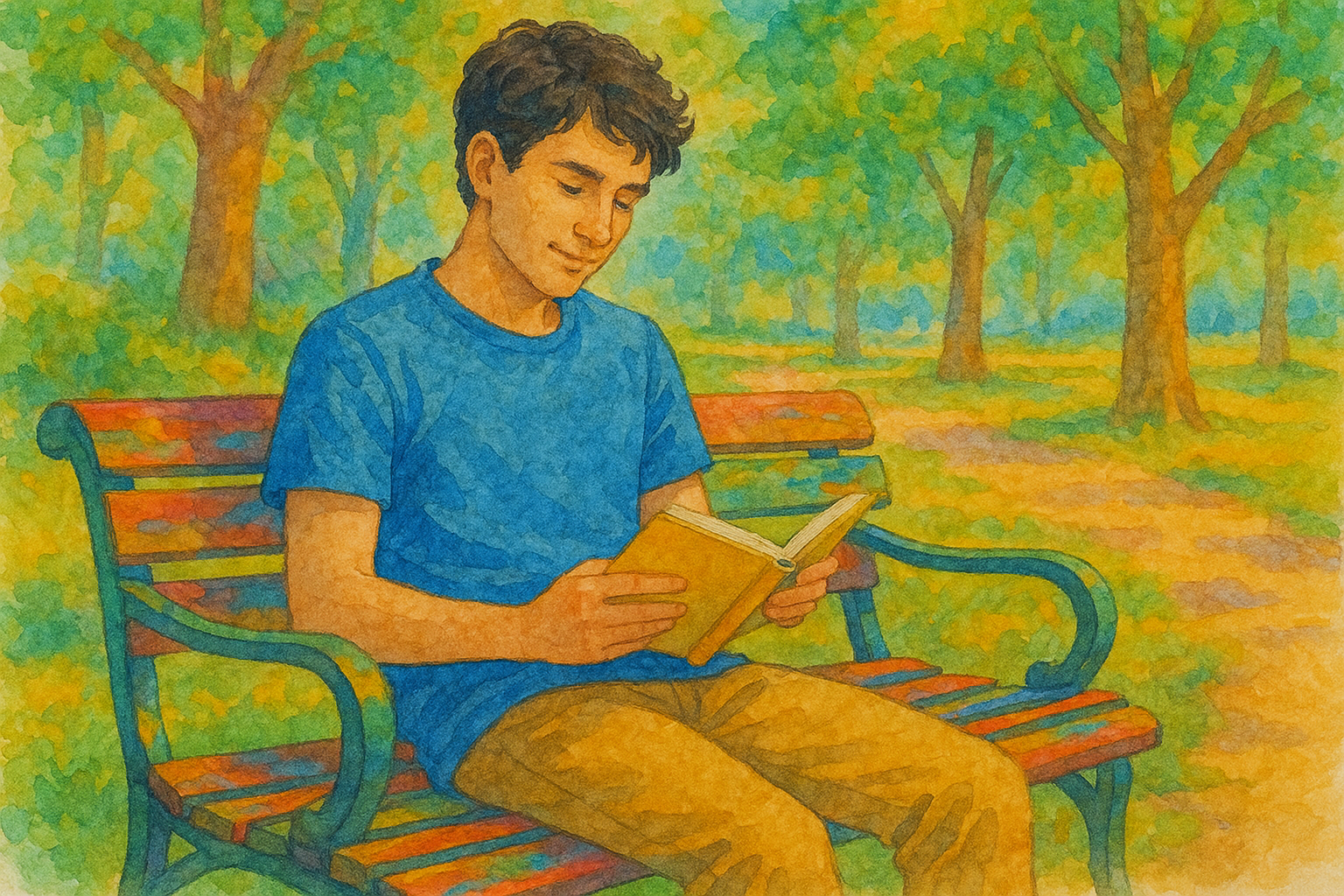 책을 읽는 남자와 공원 벤치