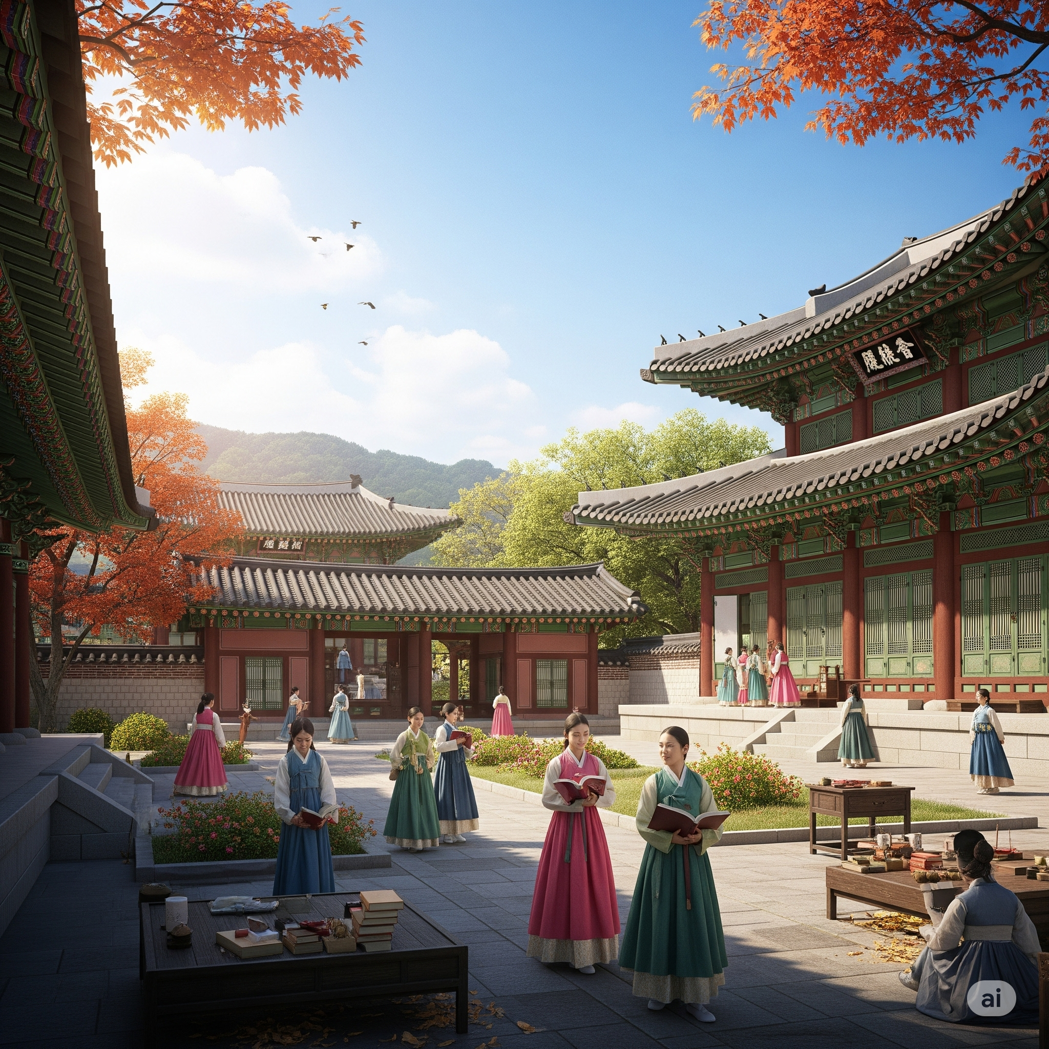 조선 시대 성균관 학당의 활기찬 풍경. 전통 한복을 입은 학생들이 마당에서 책을 읽거나 대화하고 있으며, 고풍스러운 한옥 건물과 붉게 물든 단풍나무가 어우러져 아름다운 가을날의 학구적인 분위기를 연출합니다.