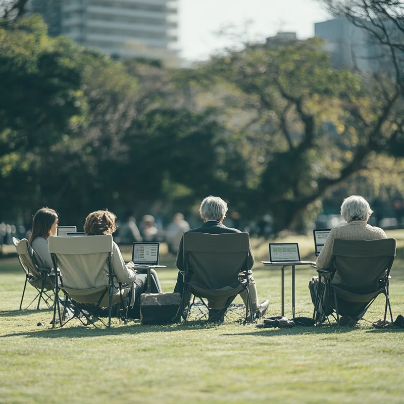 평화로운 공원에서 사람들이 다양한 전자 기기로 투자 포트폴리오를 관리하며 차분하고 집중된 분위기를 자아냅니다. 전자 기기, 투자 포트폴리오, 금융 관리.