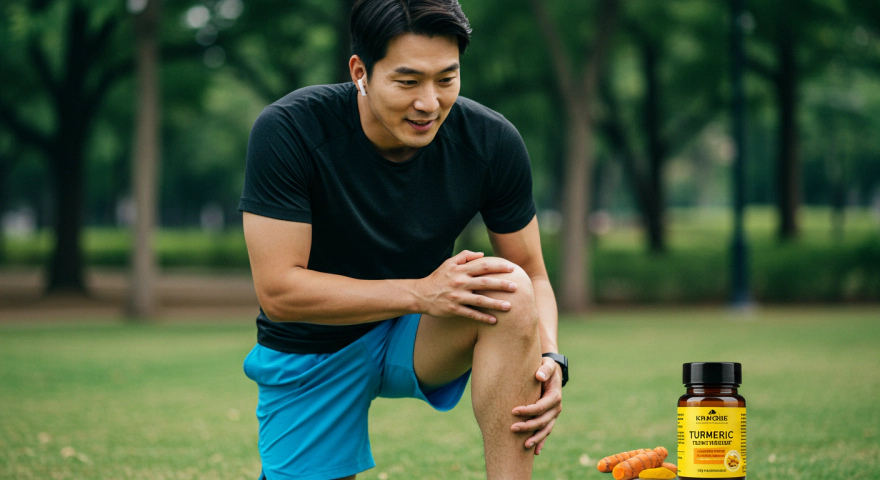 조깅 후 무릎 스트레칭을 하는 남성