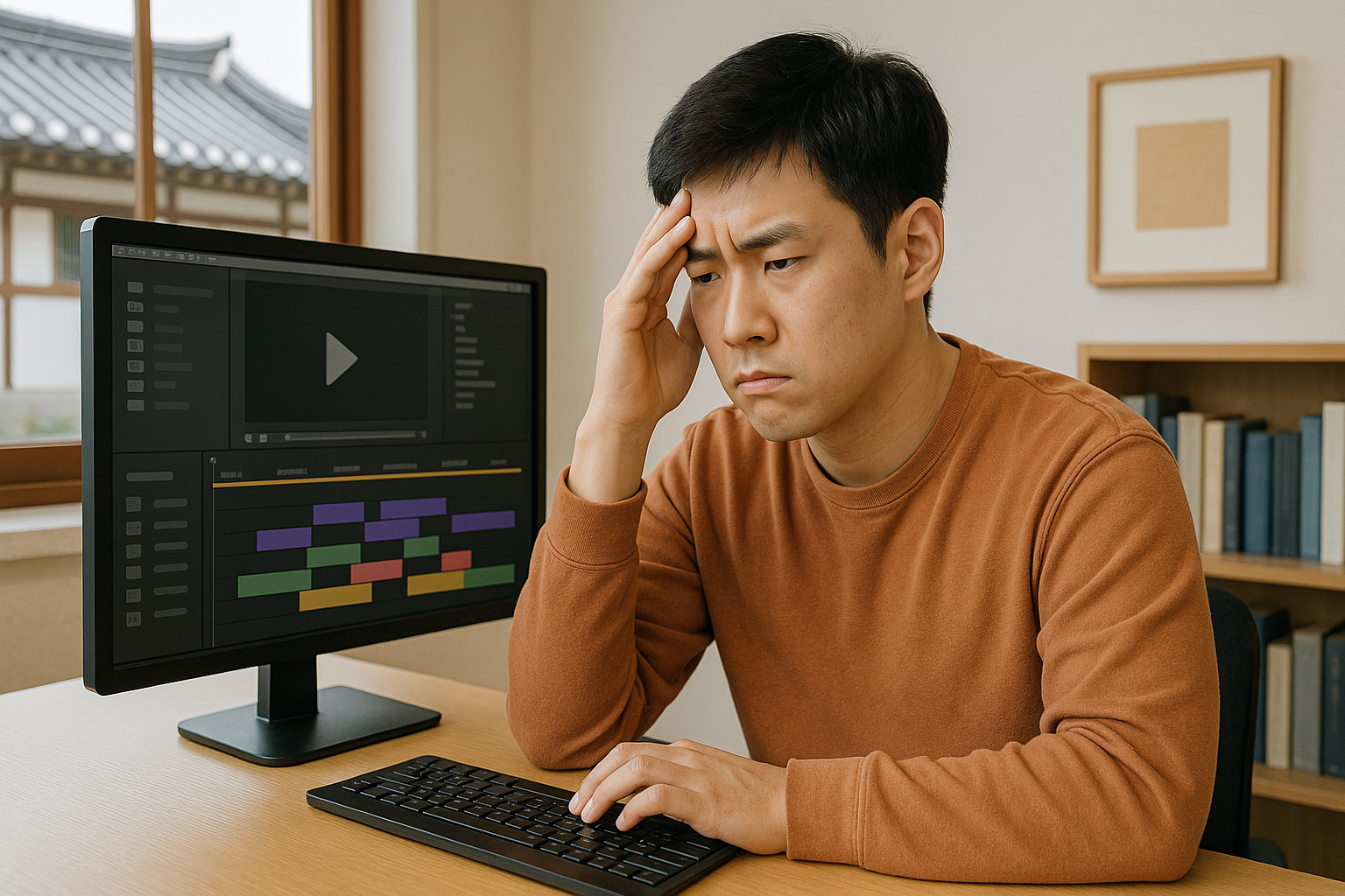 영상 편집 소프트웨어 타임라인 앞에 앉아 있는, 좌절한 표정의 사람