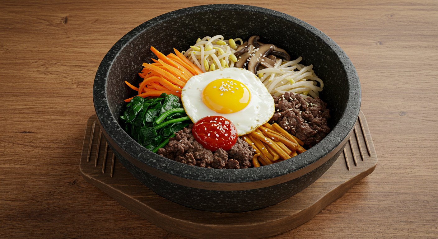 Colorful Korean bibimbap in a stone bowl with vegetables and egg ❘ 돌솥에 담긴 다채로운 한국 비빔밥
