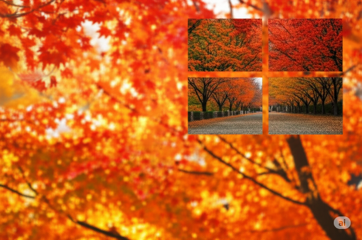 빨갛고 노란 단풍잎이 가득한 숲속 길을 배경으로, 단풍으로 물든 나무들이 보이는 이미지