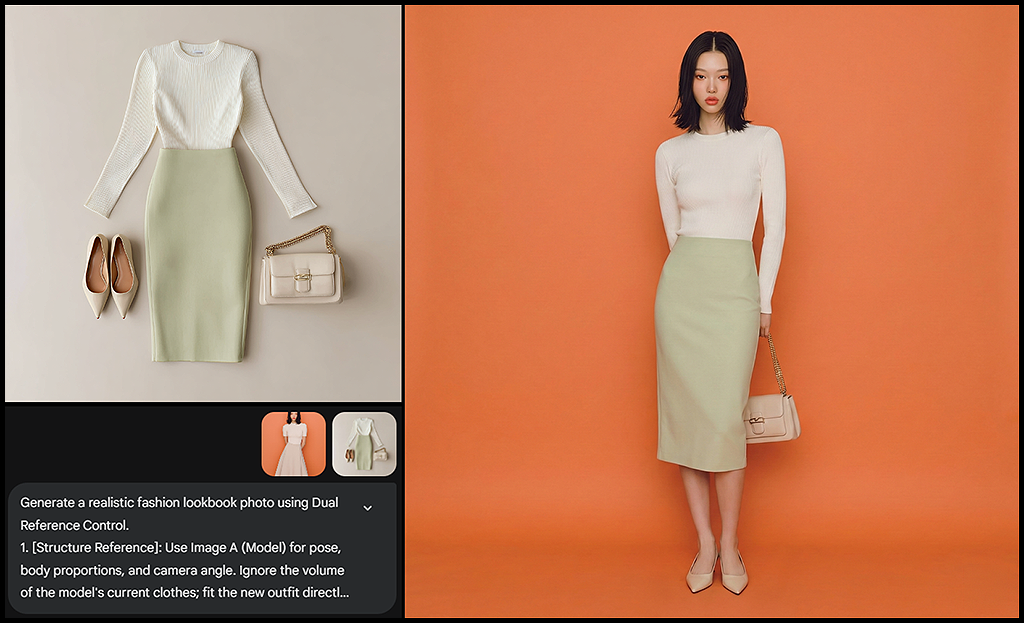 인물 고정 플랫레이 의상 전체 착장 결과 비교 이미지_Nano Banana