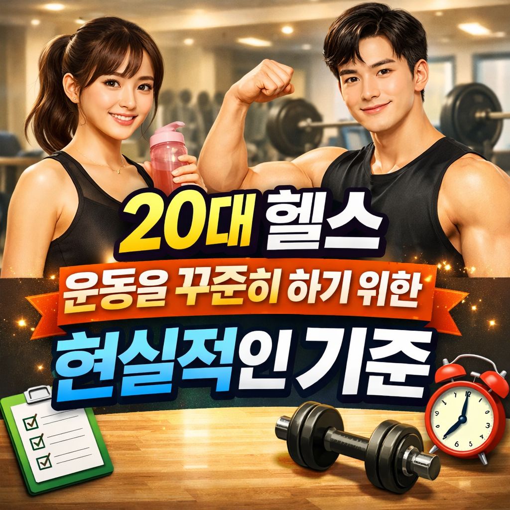 20대 헬스 운동 현실을 표현한 이미지, 남녀가 헬스장에서 운동하며 꾸준히 하기 위한 현실적인 기준을 강조한 썸네일