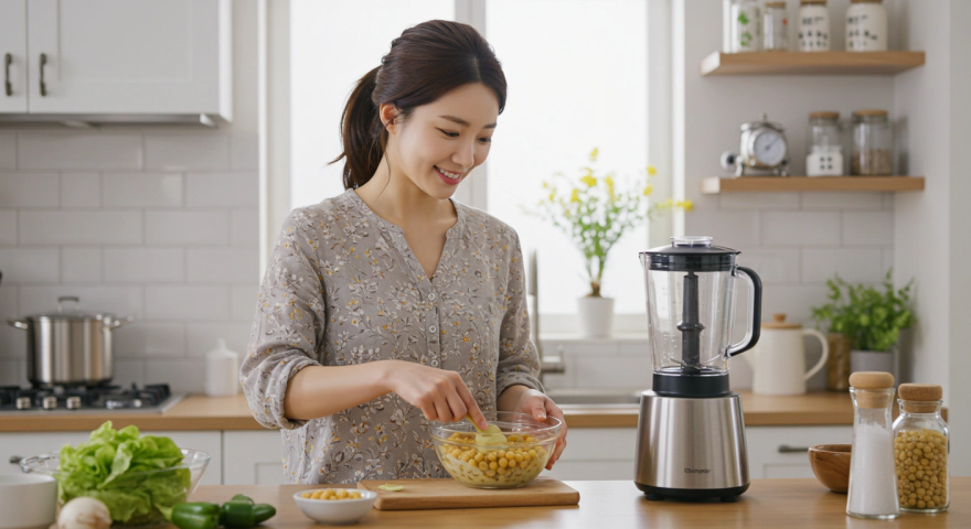 병아리콩 후무스를 만드는 한국인 여성