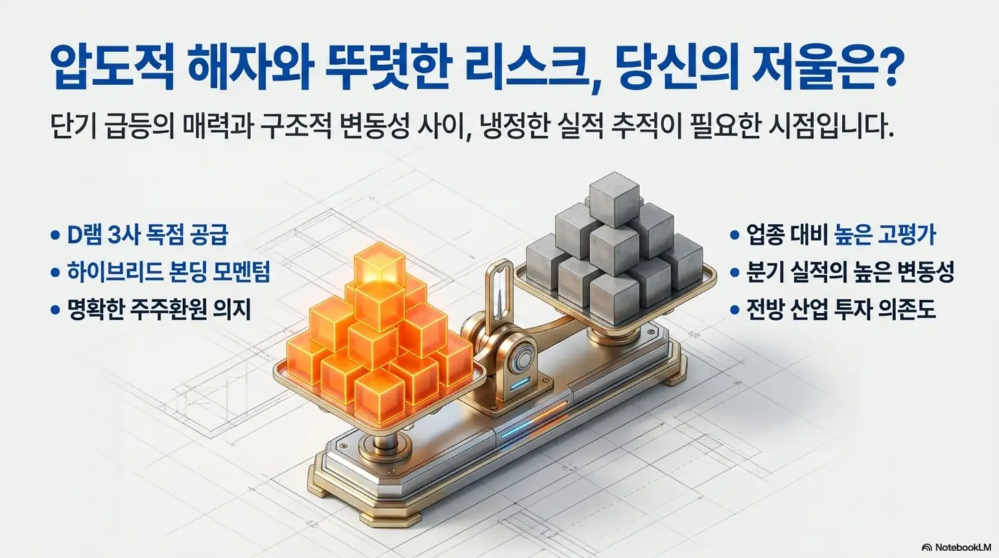 피에스케이홀딩스 주가 전망: 피에스케이홀딩스 투자 시 강점과 리스크를 저울 양쪽에 올려 비교한 웹배너 이미지. D램 3사 독점 공급·하이브리드 본딩 모멘텀·명확한 주주환원 의지와 업종 대비 고평가·분기 실적 변동성·전방 산업 투자 의존도가 대비됨. 매수 판단 전 균형 잡힌 점검이 필요함을 시각적으로 전달하며, 블로그의 투자 결론 주제를 설명함