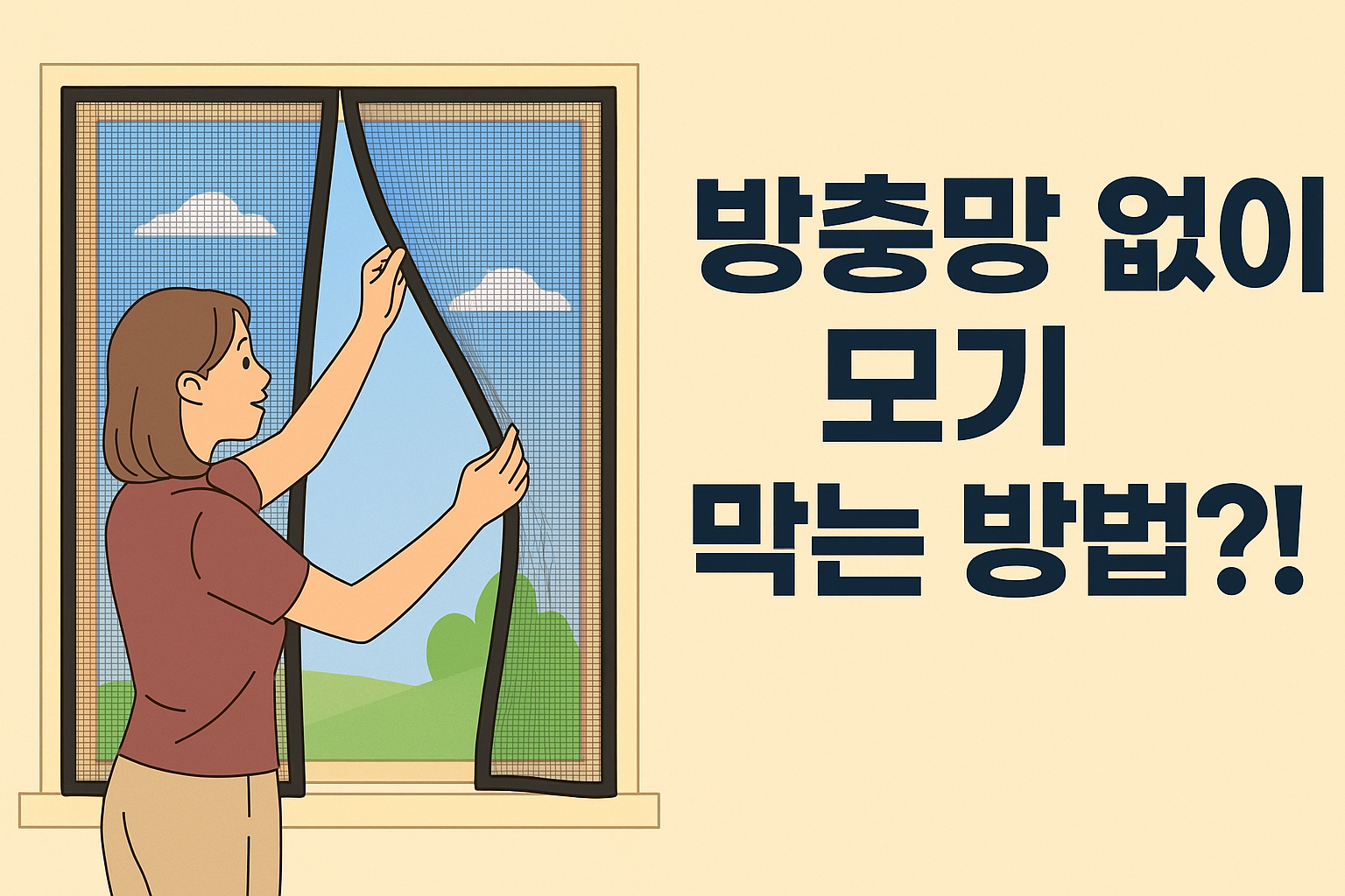 창문에 커튼형 자석식 모기장을 부착하는 모습 &ndash; DIY 방충망 대체용 설치 장면