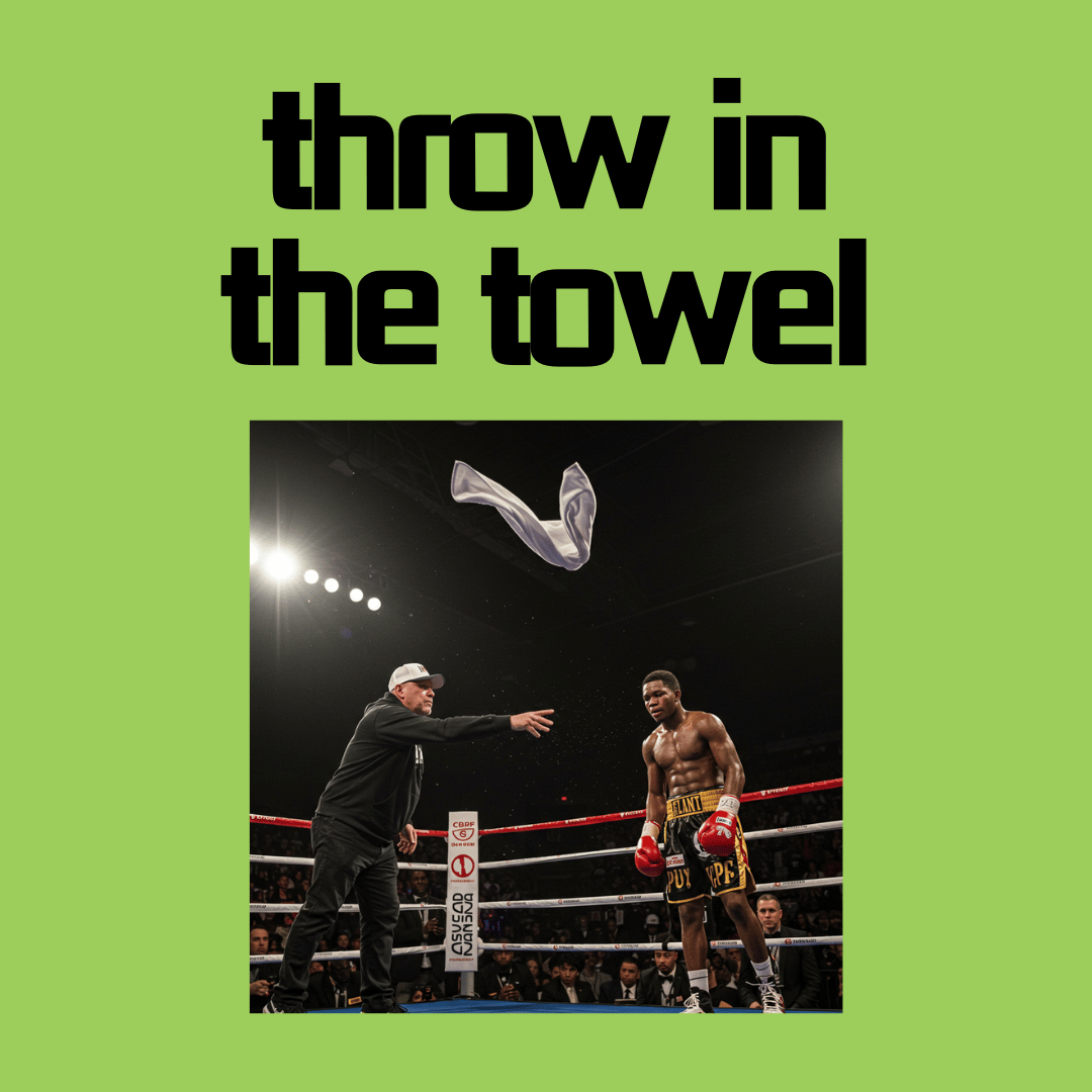 권투 링에 수건이 던져진 모습과 함께 'throw in the towel'의 의미를 설명하는 영어 학습 자료