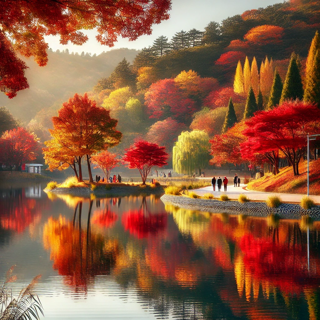 광주호 호수공원의 가을 풍경, 호수에 반사된 단풍과 산책로를 따라 걷는 사람들