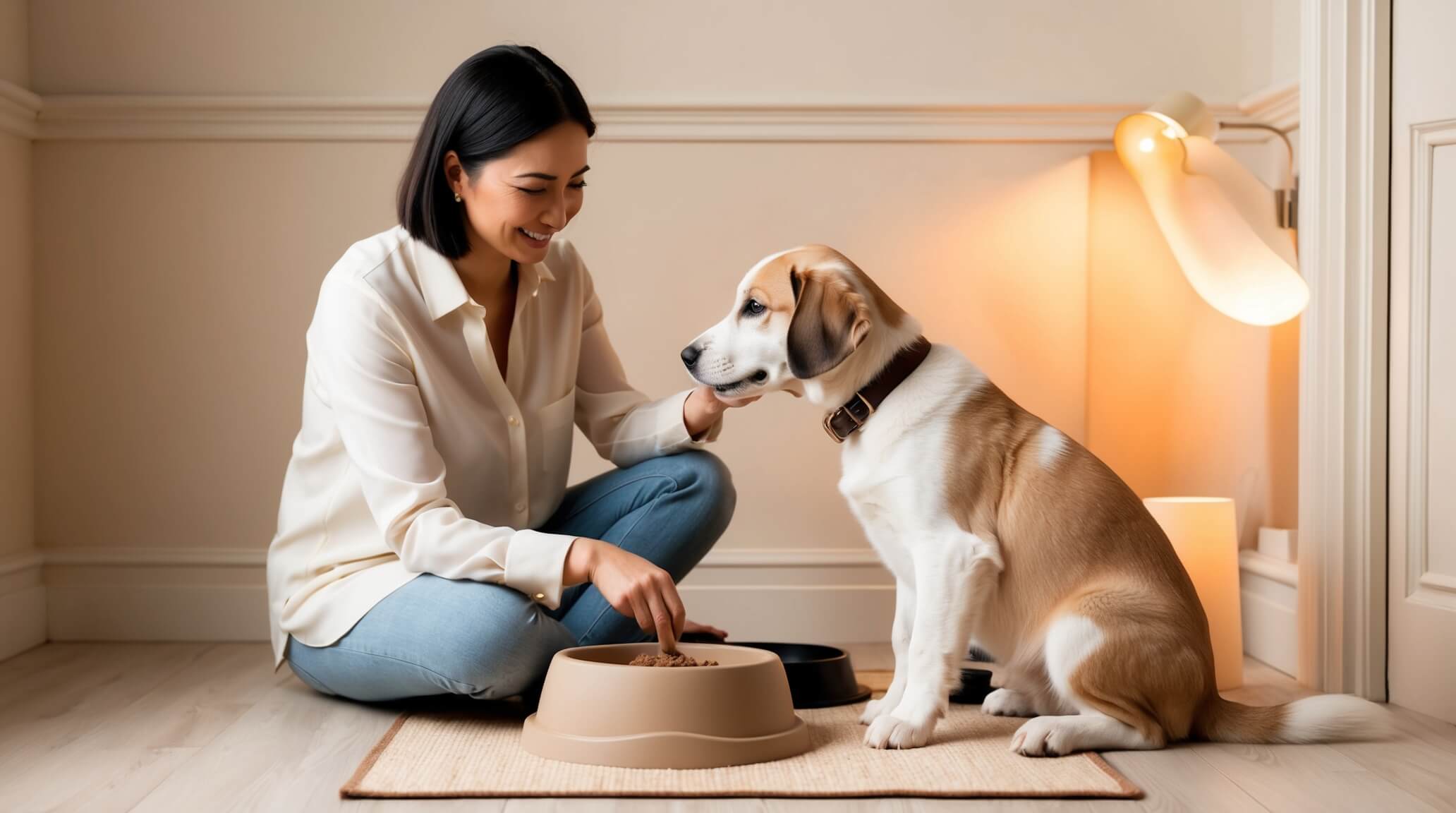 puppy and owner establishing daily routine, feeding time