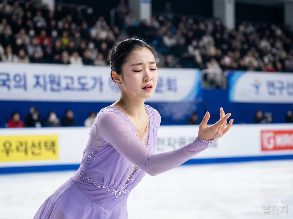 우아한 연기를 펼치고 있는 피겨 유망주 신지아 선수의 감성적인 모습