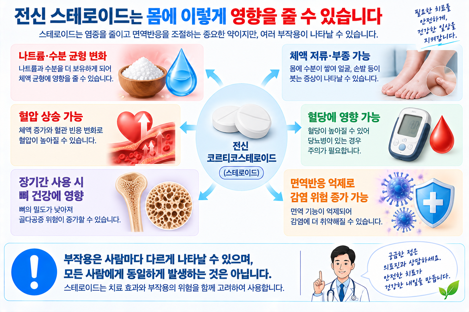 전신 스테로이드의 체액 저류 혈압 혈당 감염 뼈 건강 영향