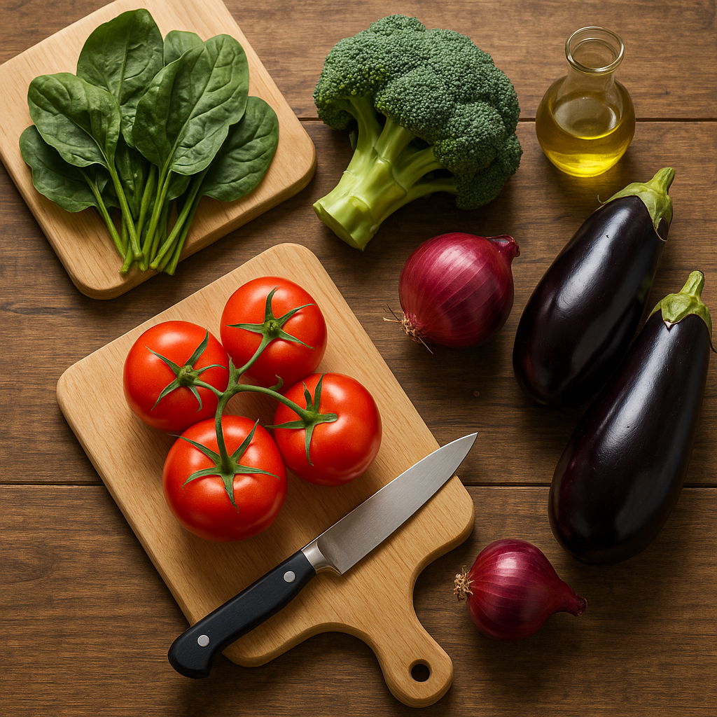 나무 테이블 위에 시금치·브로콜리·토마토·양파·가지가 정갈히 놓인 상차림,