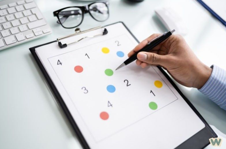 치매 진단을 위한 인지기능 검사지와 펜을 들고 있는 손, 숫자와 색상 매칭 테스트가 보이는 의료 검사 장면 via Canva